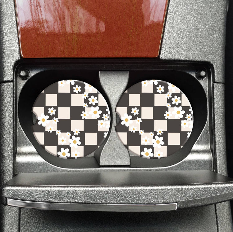 Checkered Daisies Car Coasters, Retro Car Coasters