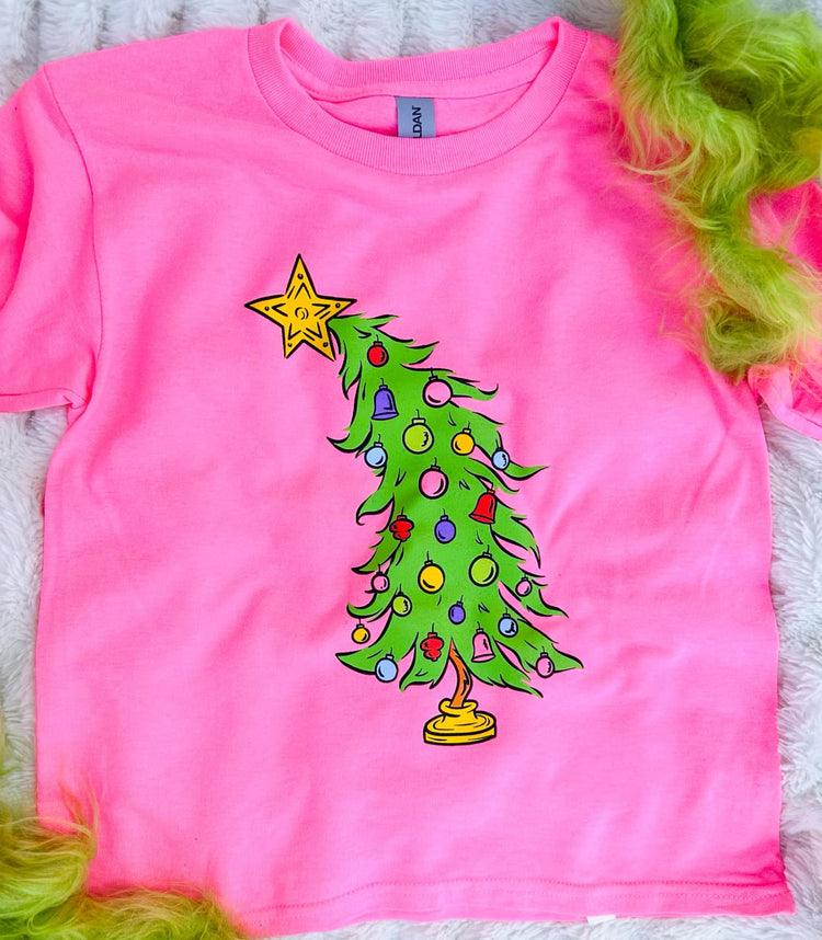 Cartoon Christmas Tree on Pink Tee